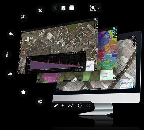 Um monitor com imagens do UrbanoGeo saltando da tela mostrando ferramentas ativas do sistema, e seus ícones formando um arco ao lado do monitor.